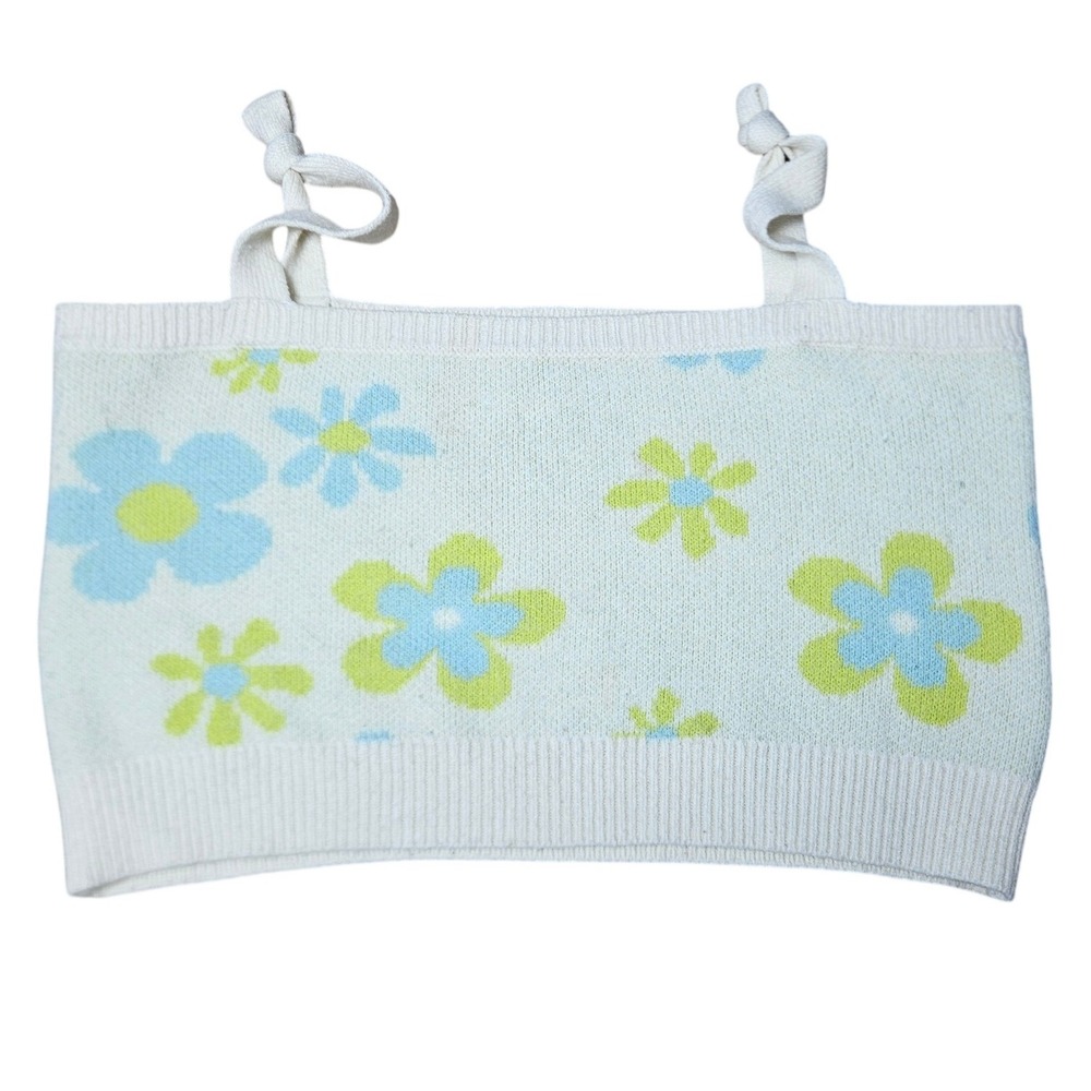 Witty‎ Fox Womens Floral Knit Crop Top Cream Blue Lime Retro Flower Power Size M